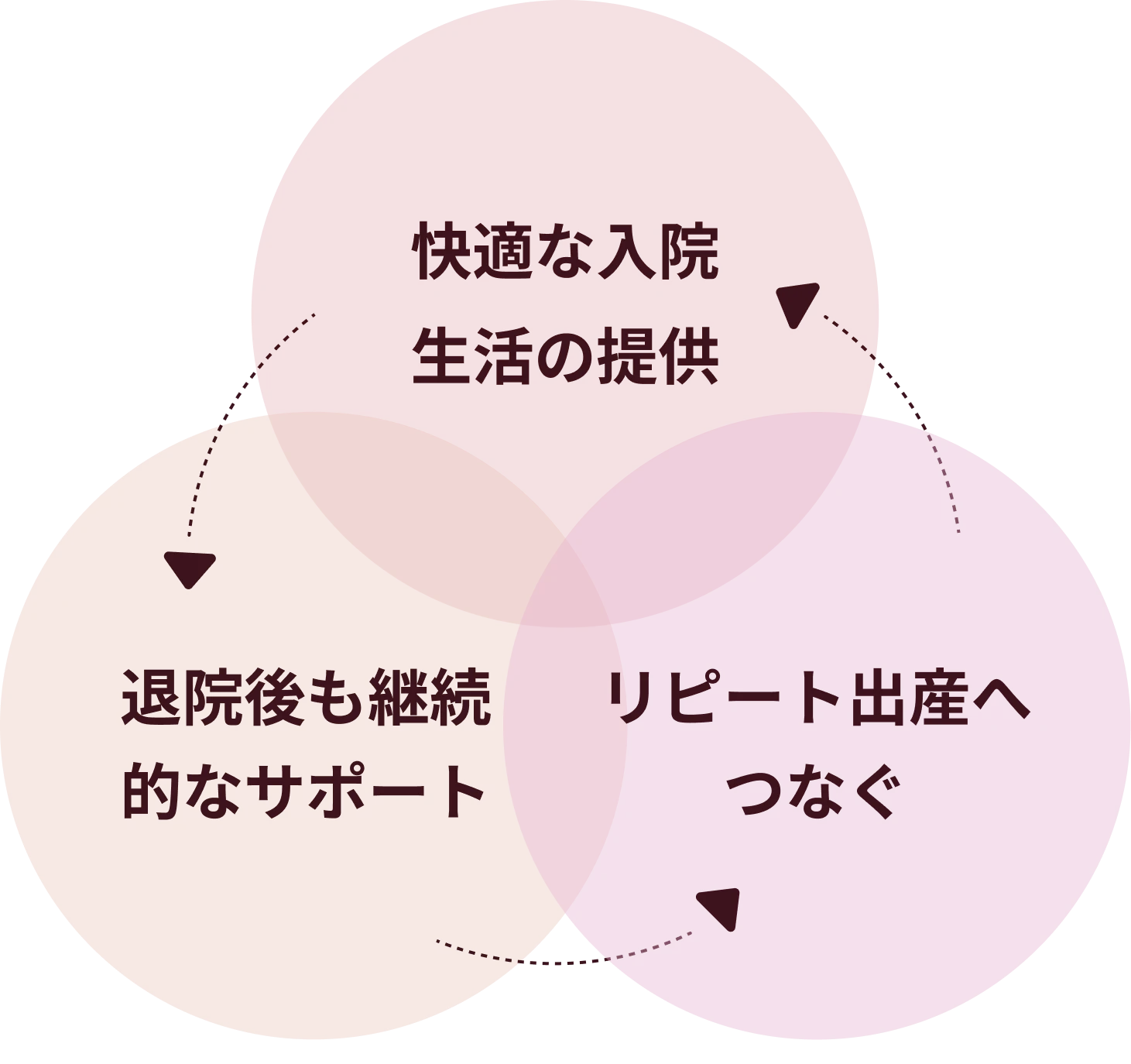 「快適な入院生活の提供→退院後も継続的なサポート→リピート出産へつなぐ」の好循環を示すインフォグラフィック