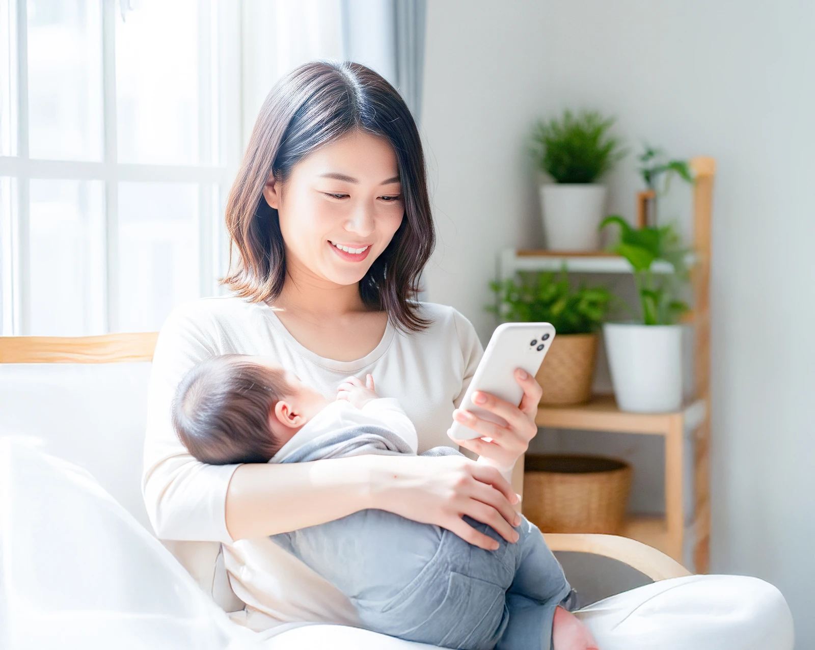 ベビーパッドチャイルドケア - 産後の妊婦さんがスマホを見ている様子