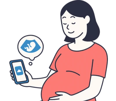 妊婦さんがスマートフォンでエコー画像を確認しているイラスト