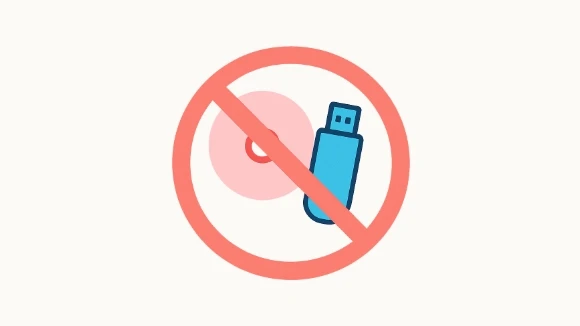 CDやUSBメモリなどの外部記録媒体の使用禁止を示すイラスト